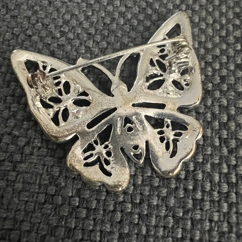 Vintage Silver Tone Marcasite Butterfly Brooch Pin 2 Inch Cottagecore